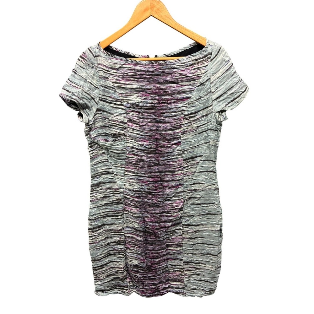 Brian Reyes Textured Cap Sleeve Sheath Dress Womens 6 Gray Purple Striped Italy